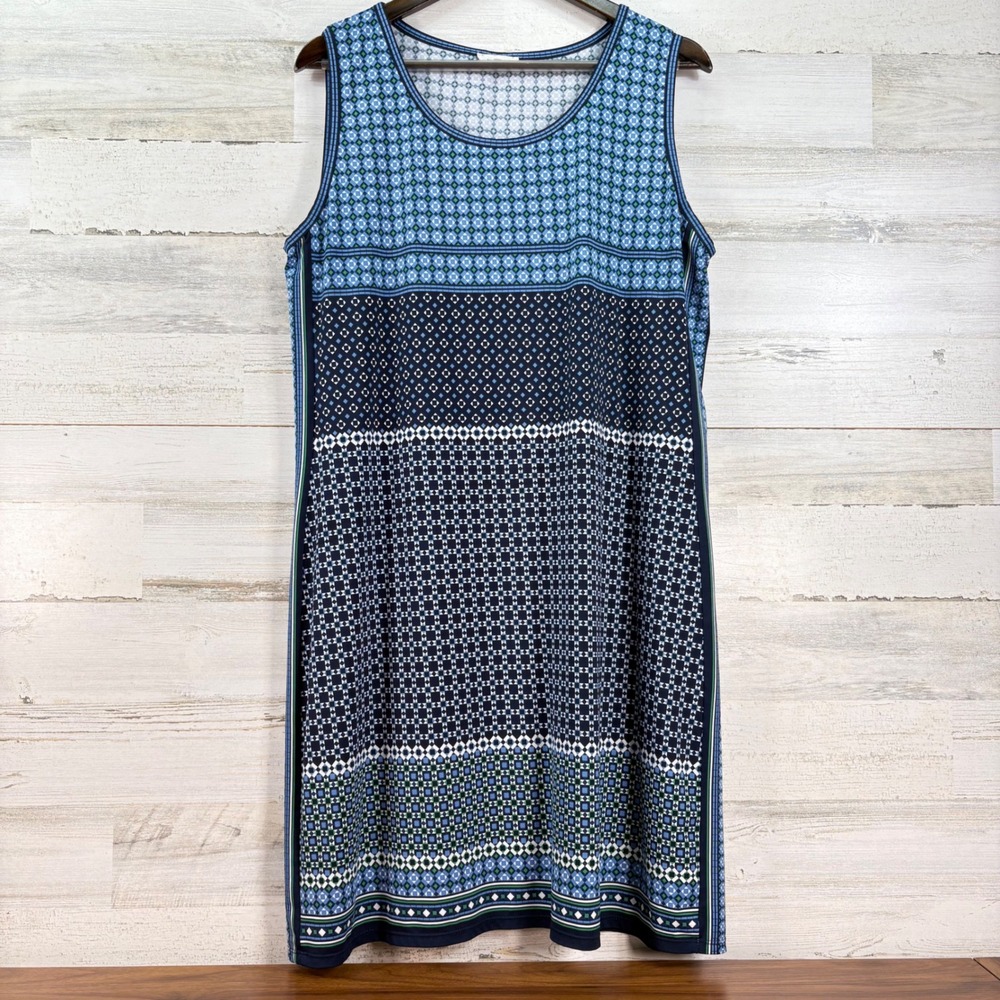 Max Studio XL Blue Geometric Tile Print Sleeveless Shift Dress Boho Travel Mod